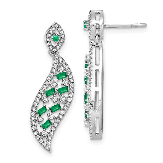 Solid 14k White Gold Simulated Emerald and CZ Wave Post Earrings