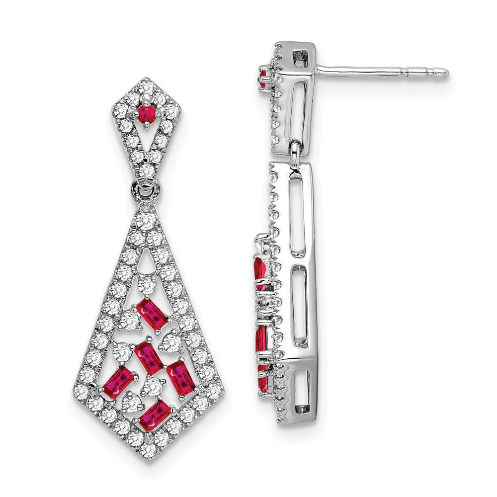 Solid 14k White Gold Simulated Ruby and CZ Earrings
