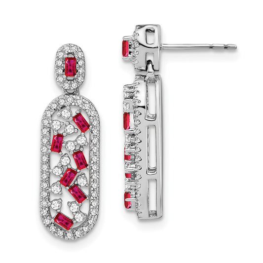 Solid 14k White Gold Simulated Ruby and CZ Earrings