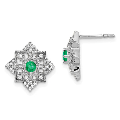 Solid 14k White Gold Simulated Emerald and CZ Earrings