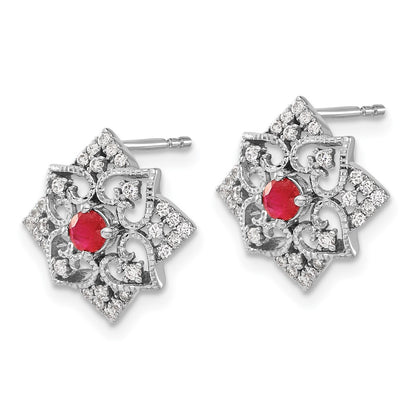Solid 14k White Gold Simulated Ruby and CZ Earrings