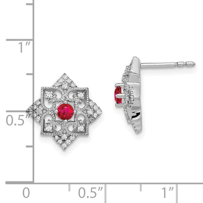 Solid 14k White Gold Simulated Ruby and CZ Earrings