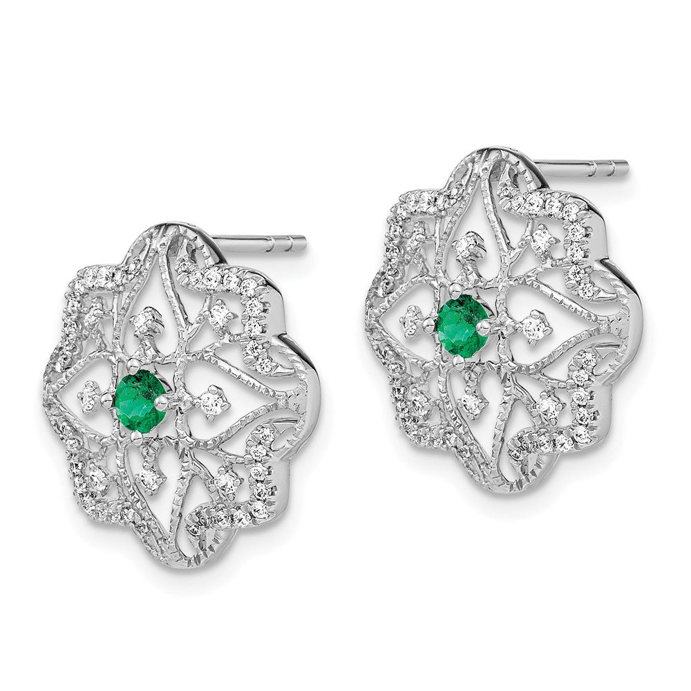 Solid 14k White Gold Simulated Emerald and CZ Earrings