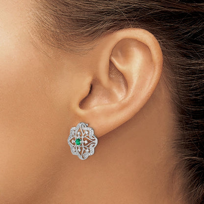 Solid 14k White Gold Simulated Emerald and CZ Earrings