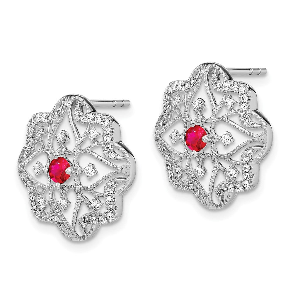 Solid 14k White Gold Simulated Ruby and CZ Earrings