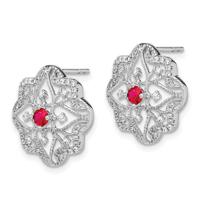 Solid 14k White Gold Simulated Ruby and CZ Earrings