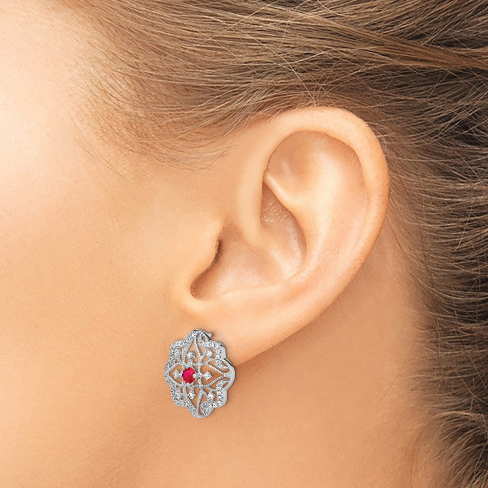 Solid 14k White Gold Simulated Ruby and CZ Earrings