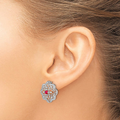 Solid 14k White Gold Simulated Ruby and CZ Earrings