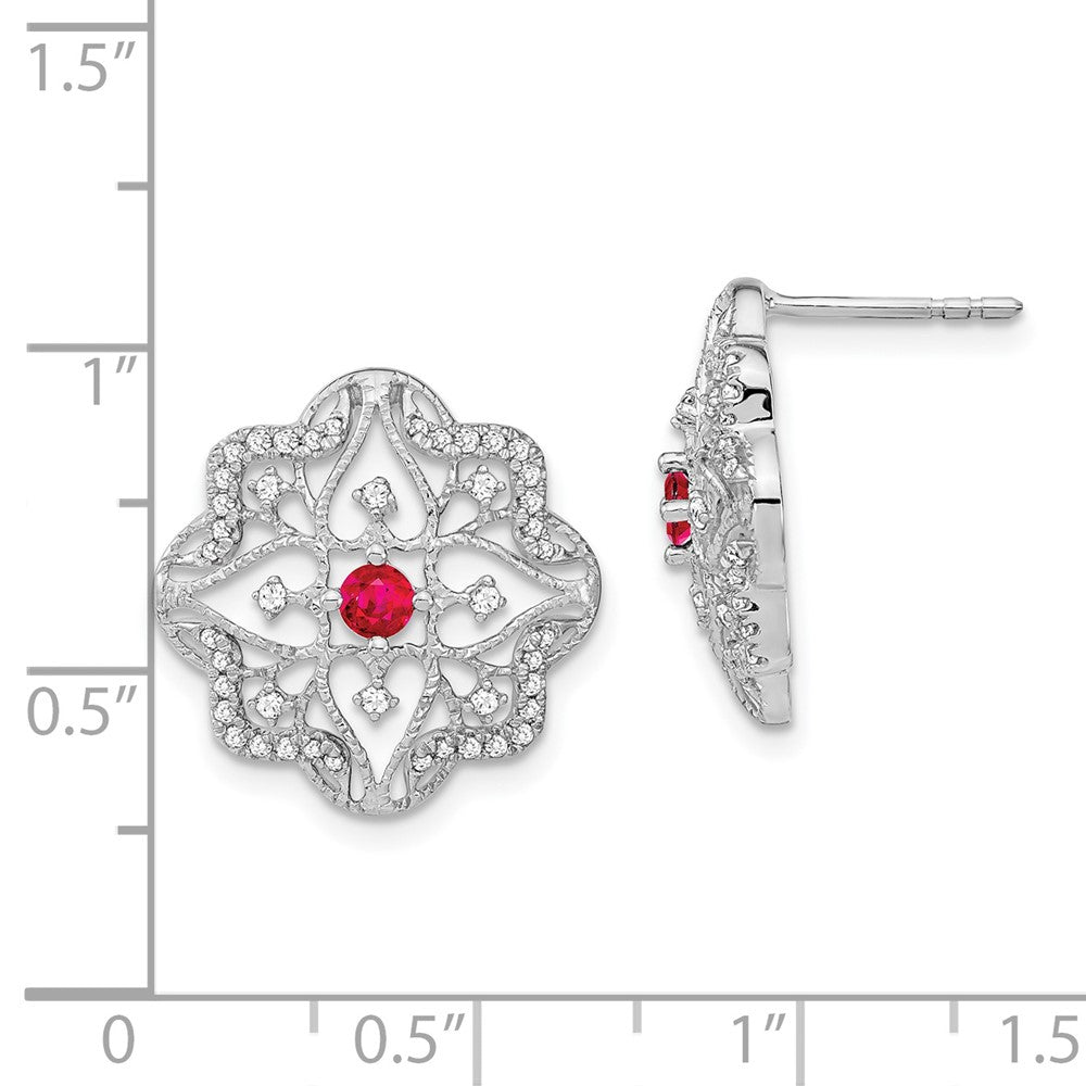 Solid 14k White Gold Simulated Ruby and CZ Earrings