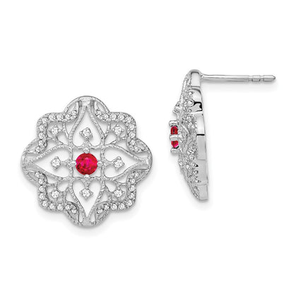 Solid 14k White Gold Simulated Ruby and CZ Earrings