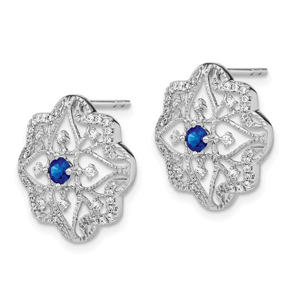Solid 14k White Gold Simulated Sapphire and CZ Earrings