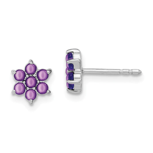 Solid 14k White Gold Simulated Amethyst Floral Post Earrings