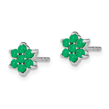 Solid 14k White Gold Simulated Emerald Floral Post Earrings