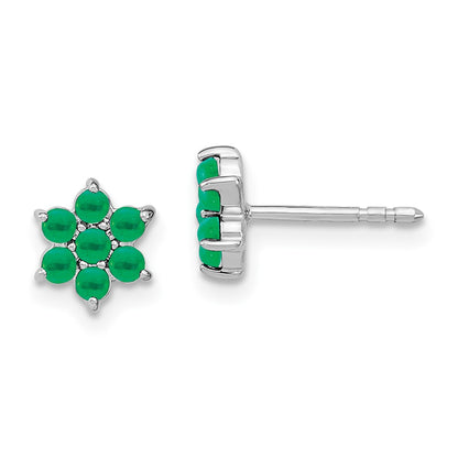 Solid 14k White Gold Simulated Emerald Floral Post Earrings