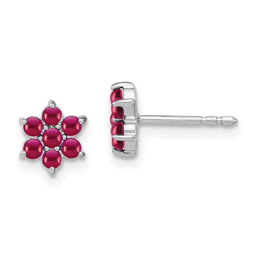 Solid 14k White Gold Simulated Ruby Floral Post Earrings