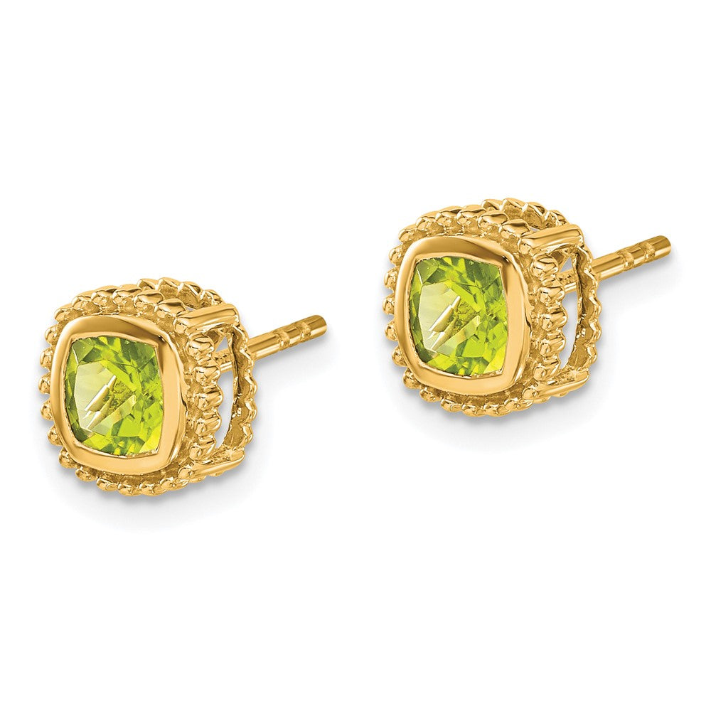 Solid 14k Yellow Gold Cushion Simulated Peridot Earrings