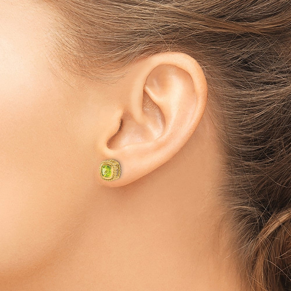Solid 14k Yellow Gold Cushion Simulated Peridot Earrings