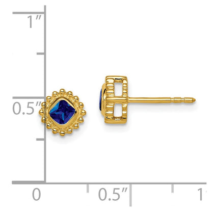 Solid 14k Yellow Gold Cushion Simulated Sapphire Earrings