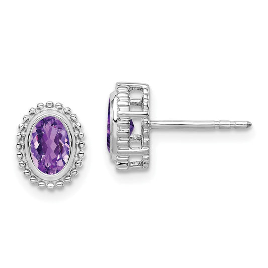 Solid 14k White Gold Oval Simulated Amethyst Post Earrings