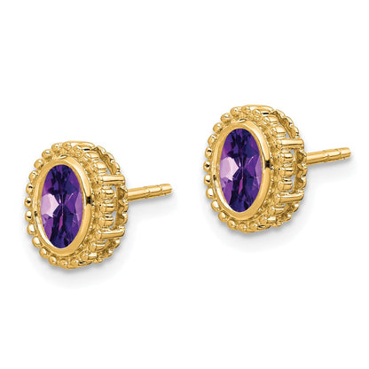Solid 14k Yellow Gold Oval Simulated Amethyst Post Earrings
