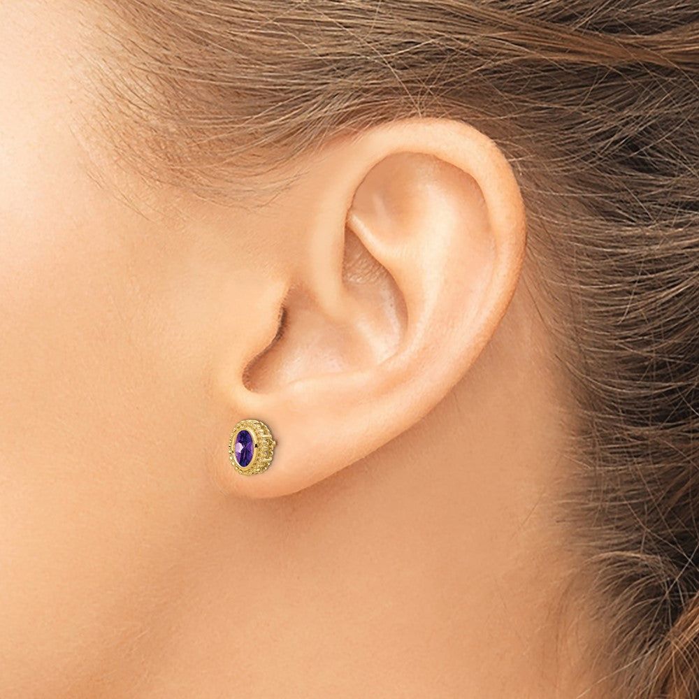 Solid 14k Yellow Gold Oval Simulated Amethyst Post Earrings