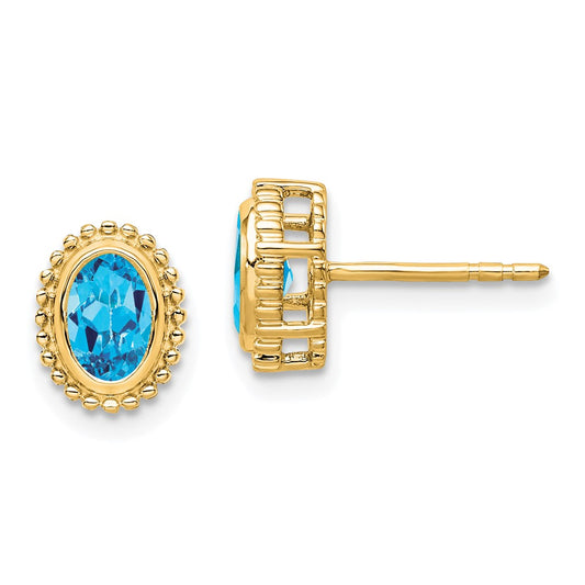 Solid 14k Yellow Gold Oval Simulated Blue Topaz Post Earrings
