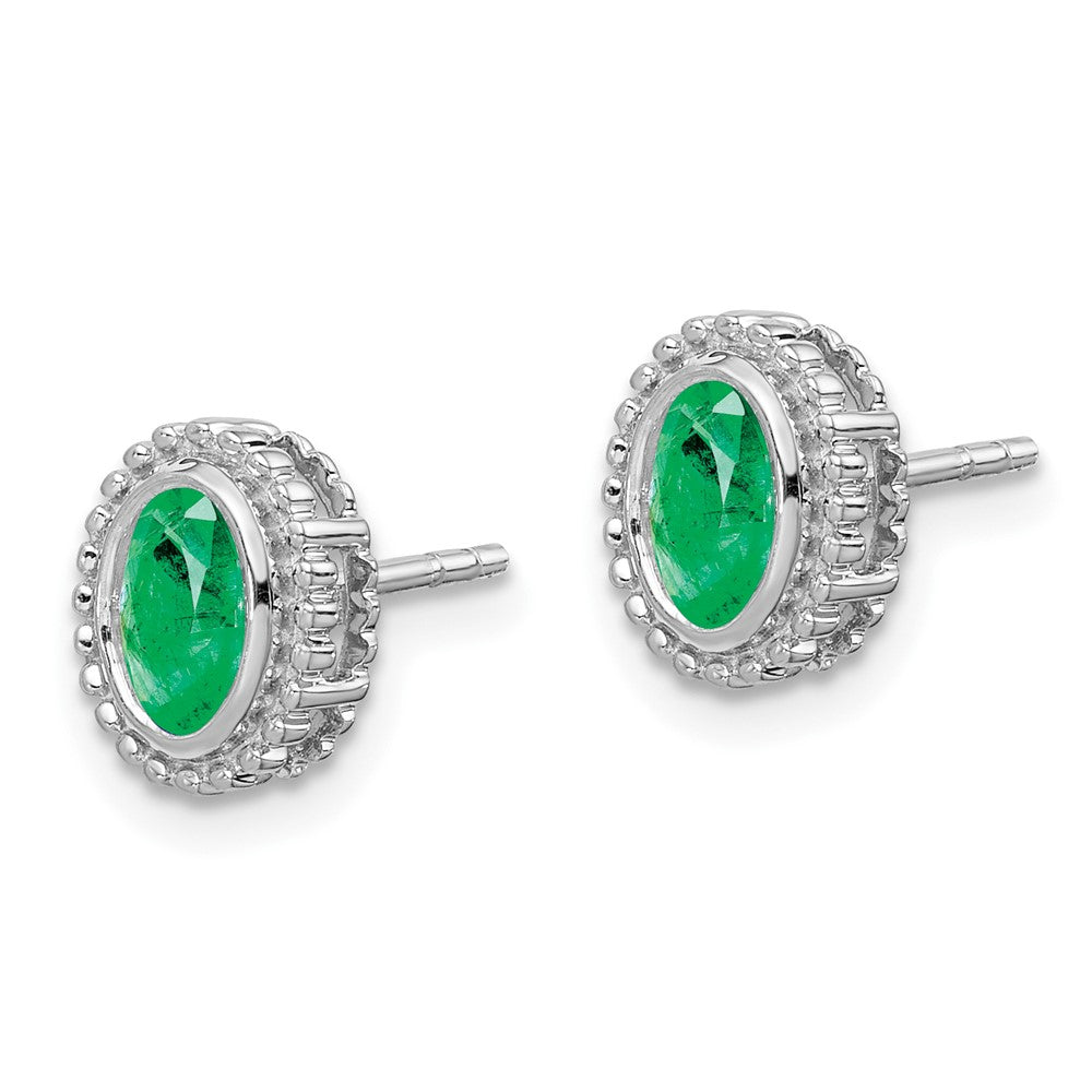 Solid 14k White Gold Oval Simulated Emerald Post Earrings