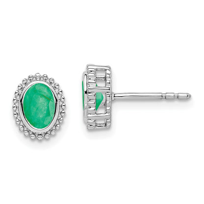 Solid 14k White Gold Oval Simulated Emerald Post Earrings