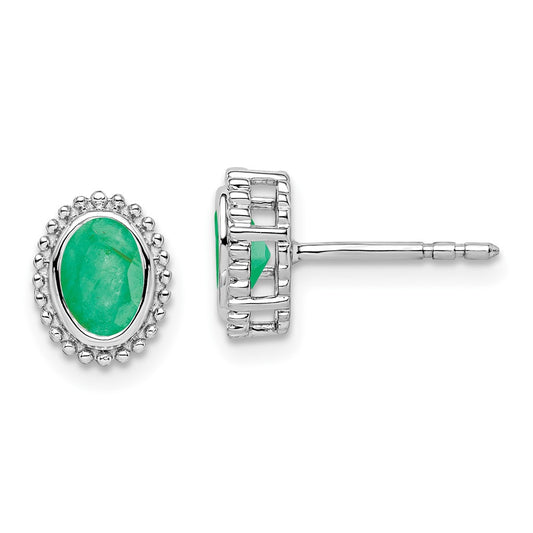 Solid 14k White Gold Oval Simulated Emerald Post Earrings