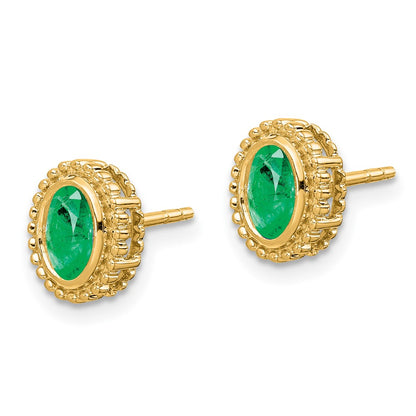 Solid 14k Yellow Gold Oval Simulated Emerald Post Earrings