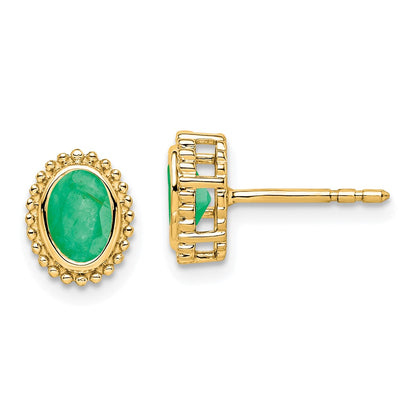 Solid 14k Yellow Gold Oval Simulated Emerald Post Earrings