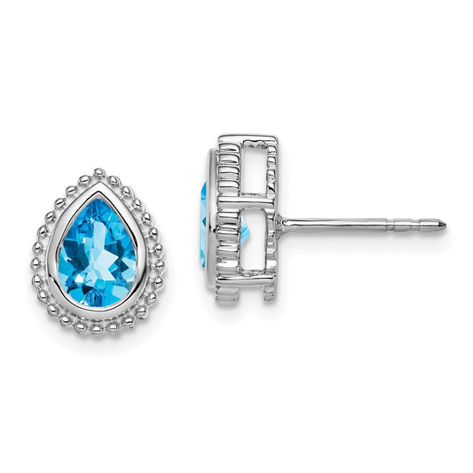 Solid 14k White Gold Pear Simulated Blue Topaz Post Earrings