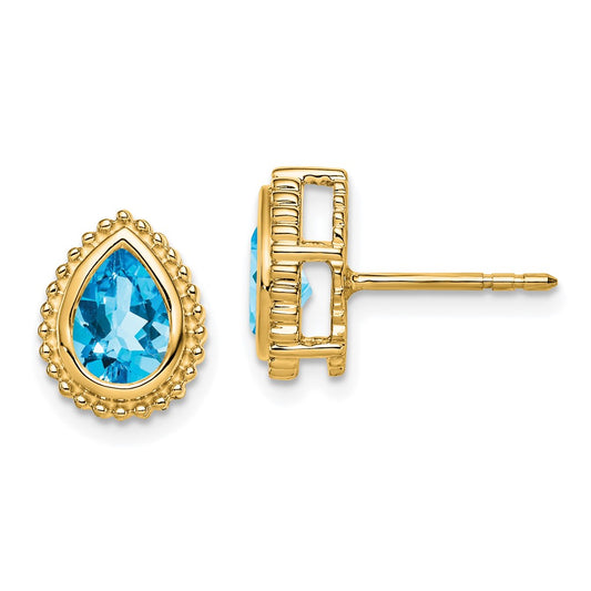 Solid 14k Yellow Gold Pear Simulated Blue Topaz Post Earrings