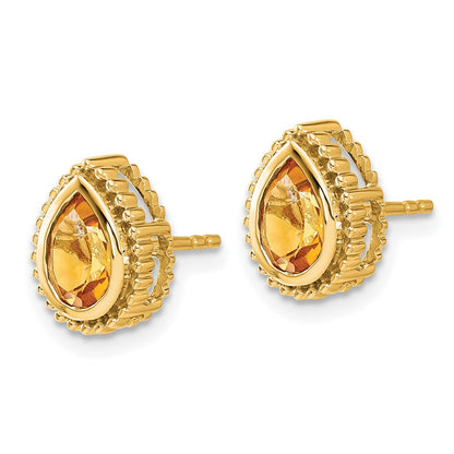 Solid 14k Yellow Gold Pear Simulated Citrine Post Earrings