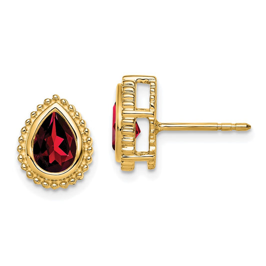 Solid 14k Yellow Gold Pear Simulated Garnet Post Earrings