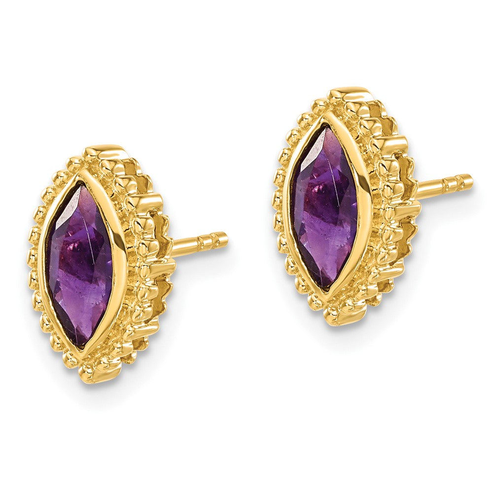 Solid 14k Yellow Gold Marquise Simulated Amethyst Post Earrings