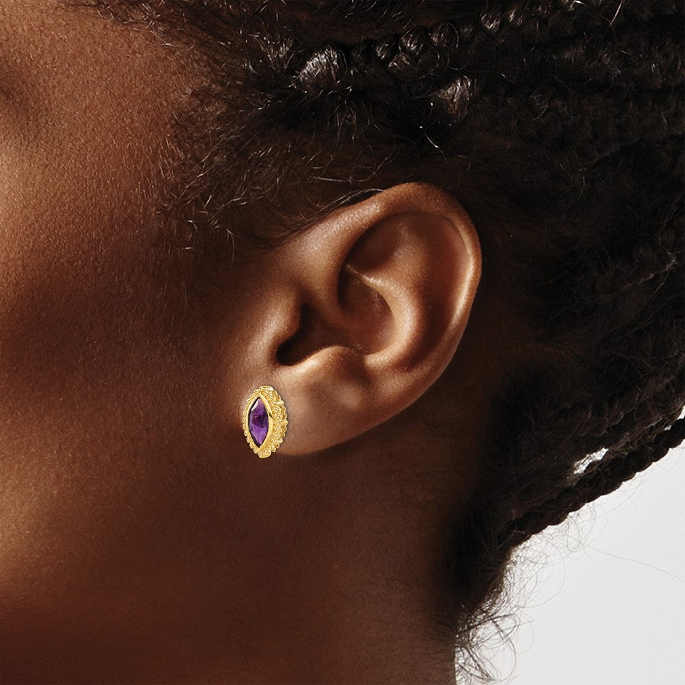 Solid 14k Yellow Gold Marquise Simulated Amethyst Post Earrings