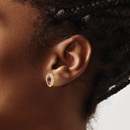 Solid 14k Yellow Gold Marquise Simulated Amethyst Post Earrings