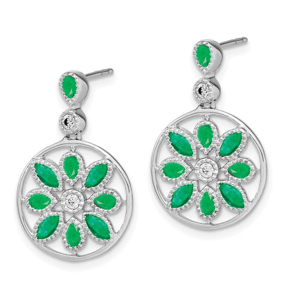 Solid 14k White Gold Simulated Emerald and CZ Floral Dangle Earrings