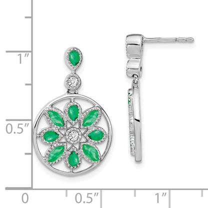 Solid 14k White Gold Simulated Emerald and CZ Floral Dangle Earrings