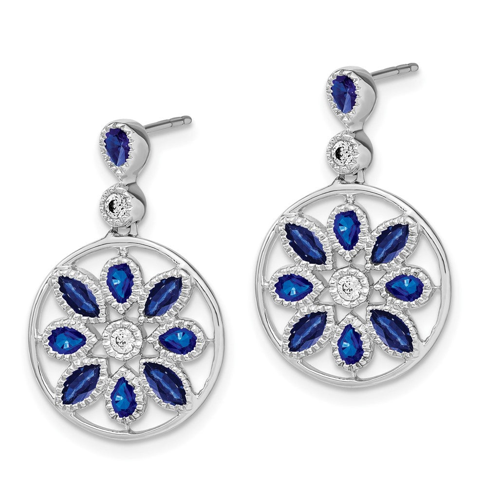 Solid 14k White Gold Simulated Sapphire and CZ Floral Dangle Earrings