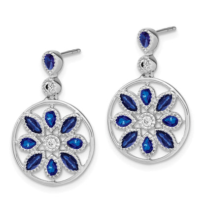 Solid 14k White Gold Simulated Sapphire and CZ Floral Dangle Earrings