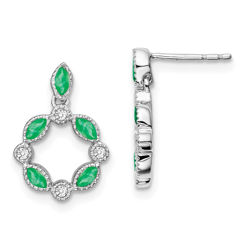 Solid 14k White Gold Simulated Emerald and CZ Dangle Earrings