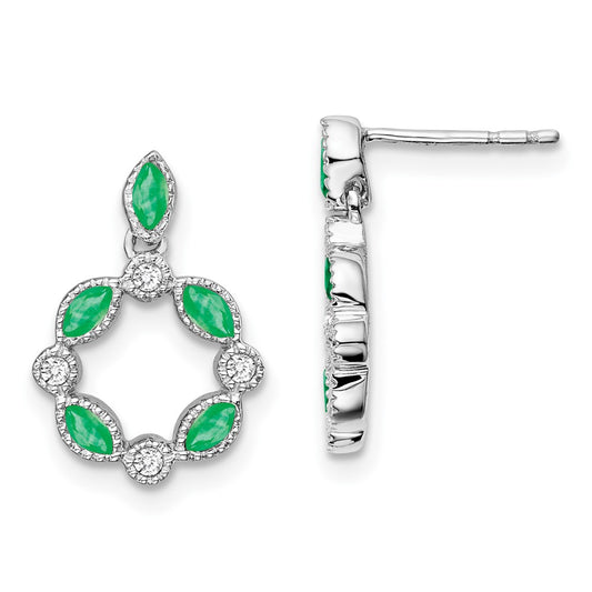 Solid 14k White Gold Simulated Emerald and CZ Dangle Earrings