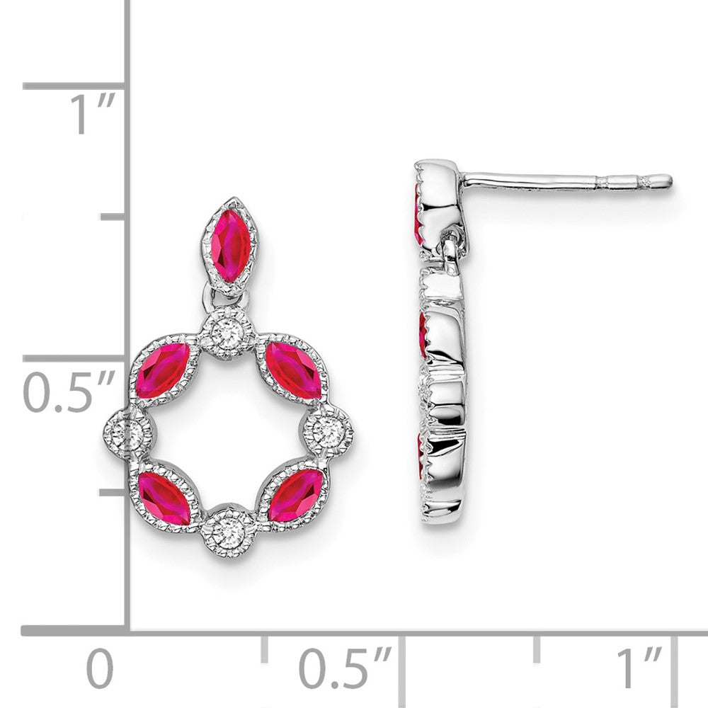 Solid 14k White Gold Simulated Ruby and CZ Dangle Earrings
