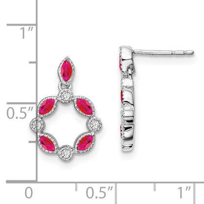 Solid 14k White Gold Simulated Ruby and CZ Dangle Earrings