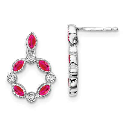 Solid 14k White Gold Simulated Ruby and CZ Dangle Earrings