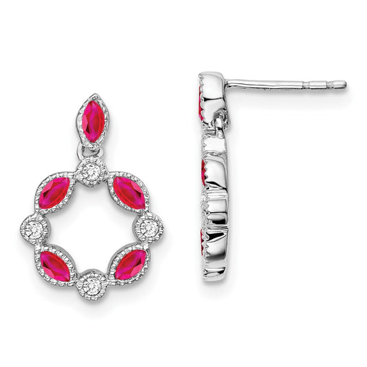 Solid 14k White Gold Simulated Ruby and CZ Dangle Earrings