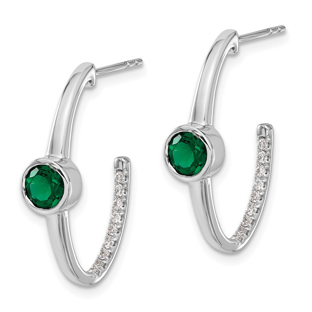 Solid 14k White Gold Created Simulated Emerald and CZ J-Hoop Earrings