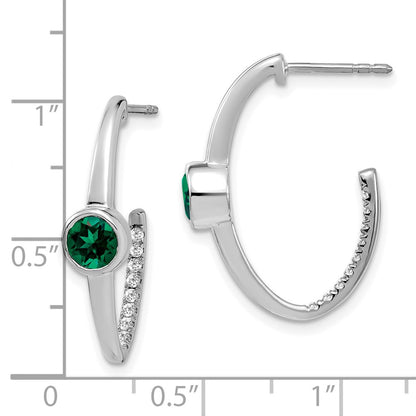 Solid 14k White Gold Created Simulated Emerald and CZ J-Hoop Earrings